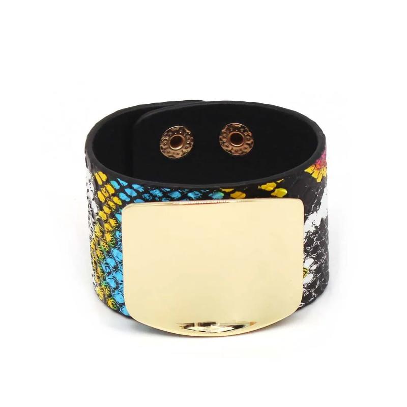 Leopard Cuff Leather Bracelet Women Metal Circle Wide Wrap Charm