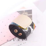 Leopard Cuff Leather Bracelet Women Metal Circle Wide Wrap Charm