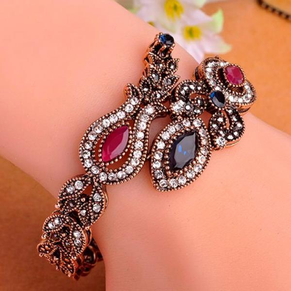 Vintage Rhinestone Flower Bangles Bracelet Women Party Jewelry