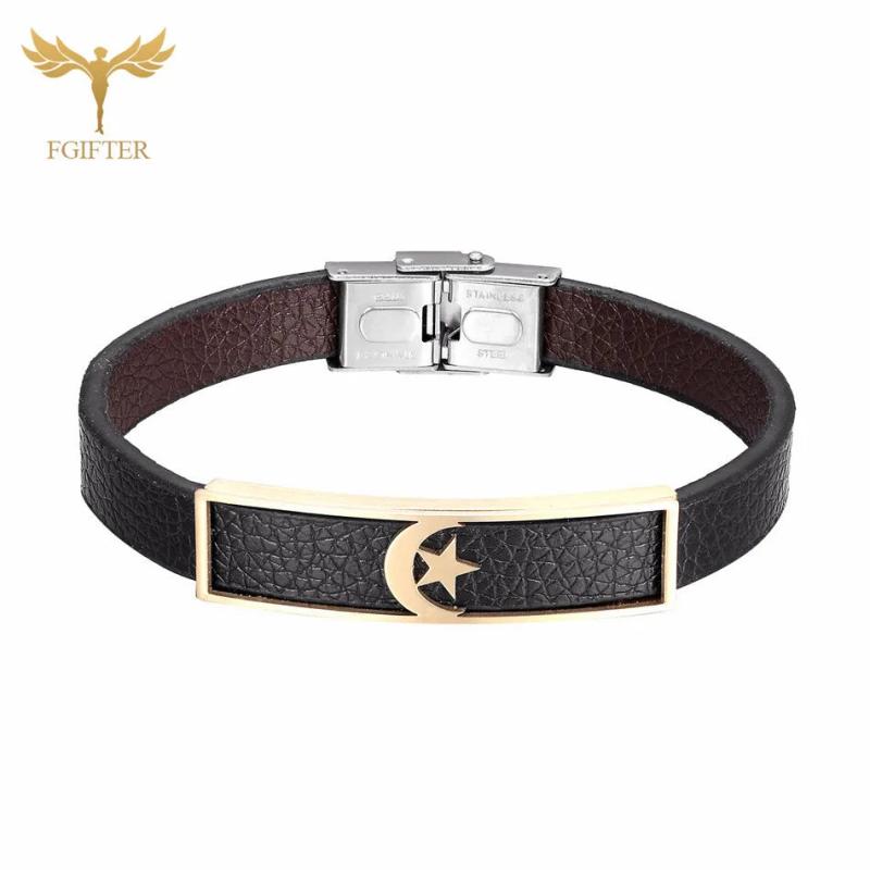 Turkey Flag Star and Moon Leather Bracelet Stainless Steel Wristband