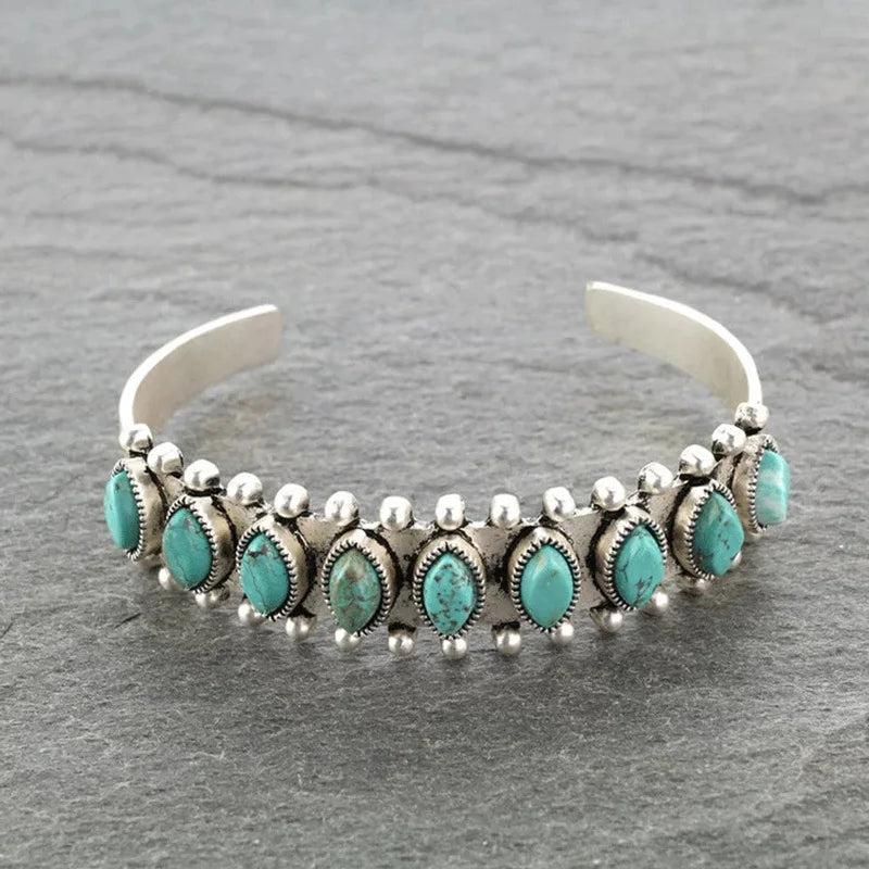 Antique Silver Natural Stone Bracelet for Women Adjustable Open Bracelet