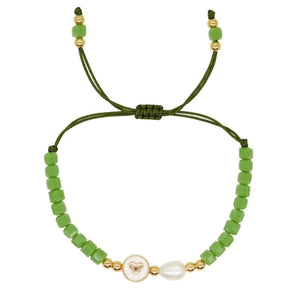 Green Seed Beaded Bracelet Plated Heart Charm Pearl Women Jewelry