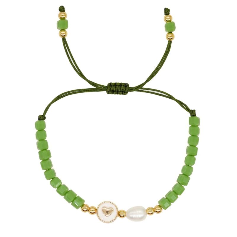 Green Seed Beaded Bracelet Plated Heart Charm Pearl Women Jewelry