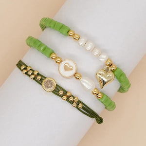 Green Seed Beaded Bracelet Plated Heart Charm Pearl Women Jewelry