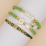 Green Seed Beaded Bracelet Plated Heart Charm Pearl Women Jewelry