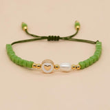 Green Seed Beaded Bracelet Plated Heart Charm Pearl Women Jewelry