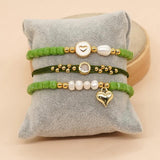 Green Seed Beaded Bracelet Plated Heart Charm Pearl Women Jewelry