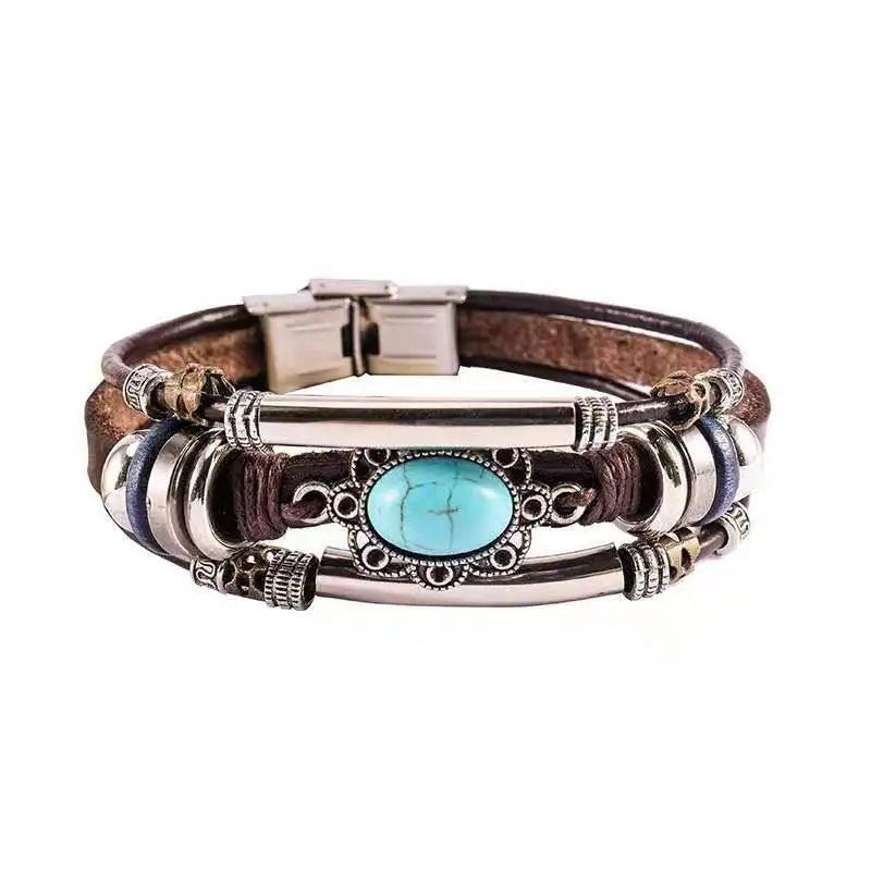 Turquoise Leather Multi-Layer Bracelet for Women