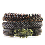 Adjustable Leather Bracelets for Men Multilayer Braided Skull Bones Bangle