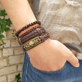 Adjustable Leather Bracelets for Men Multilayer Braided Skull Bones Bangle