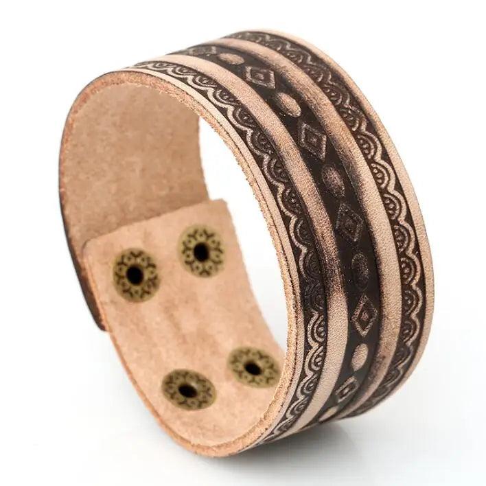 Wide Leather Bracelet Cuff Ethnic Charms Biker Jewelry