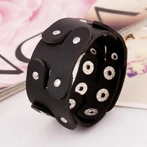 Wide Leather Bracelet Vintage Brown Charm Buckle Bangle