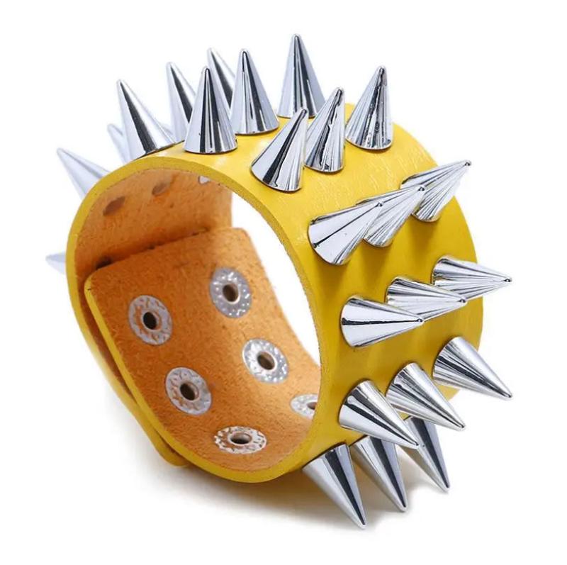 Wide Cuff Leather Bracelet with Cuspidal Spikes Rivet Studs