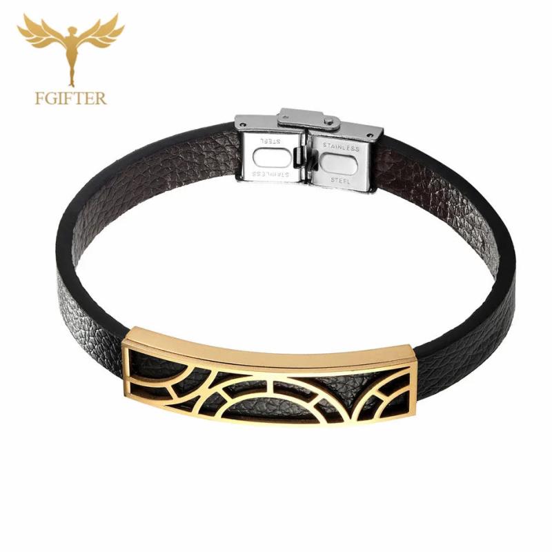 Men Leather Geometric Stainless Steel Cuff Bracelet