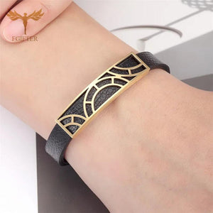 Men Leather Geometric Stainless Steel Cuff Bracelet