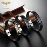 Men Leather Geometric Stainless Steel Cuff Bracelet