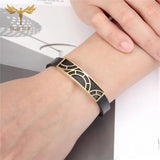 Men Leather Geometric Stainless Steel Cuff Bracelet