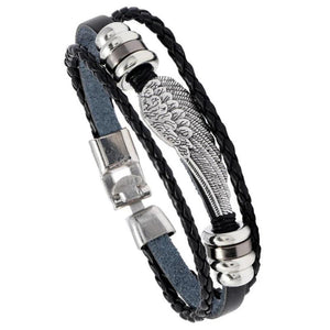 Punk Men Bracelet Vintage Multilayer Feather Angel Wing Charm Braided Leather