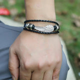 Punk Men Bracelet Vintage Multilayer Feather Angel Wing Charm Braided Leather