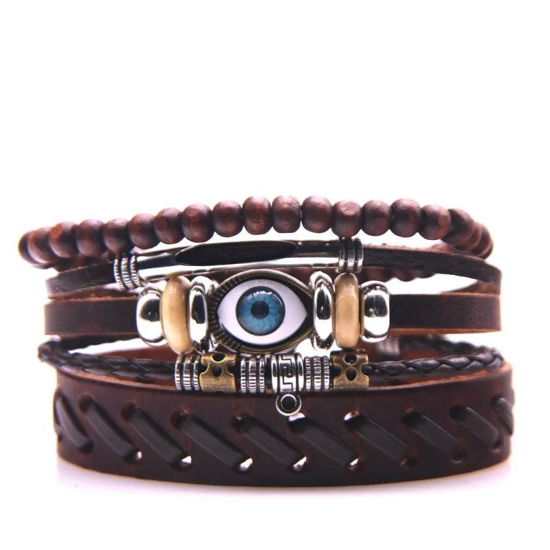 Vintage Owl Leaf Leather Charm Bracelets Set Men Women Wristbands Jewelry