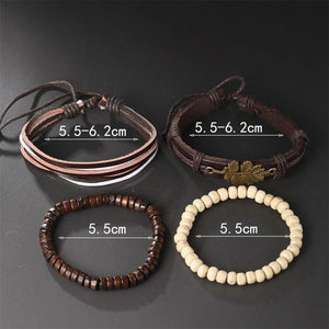 Vintage Weave Leaf Charm Bracelet Men Adjustable Leather Cuff