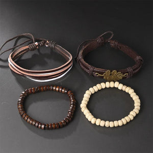 Vintage Weave Leaf Charm Bracelet Men Adjustable Leather Cuff