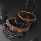 Vintage Weave Leaf Charm Bracelet Men Adjustable Leather Cuff