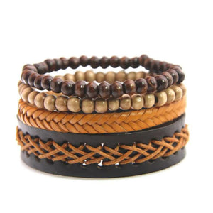 Braided Wrap Leather Bracelets with Wooden Beads