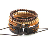 Braided Wrap Leather Bracelets with Wooden Beads