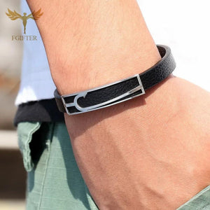Nautical Anchor Fish Hook Leather Bracelet Stainless Steel Cuff