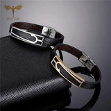Nautical Anchor Fish Hook Leather Bracelet Stainless Steel Cuff