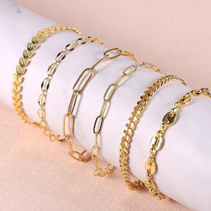 18K Plated Brass Bracelet Leaf Beans Paperclip Chain Adjustable Cuff Wristband