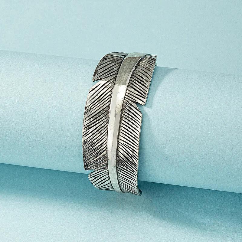 Antique Silver Leaf Feather Open Cuff Bangle Bracelet Women Party Jewelry