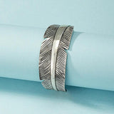 Antique Silver Leaf Feather Open Cuff Bangle Bracelet Women Party Jewelry