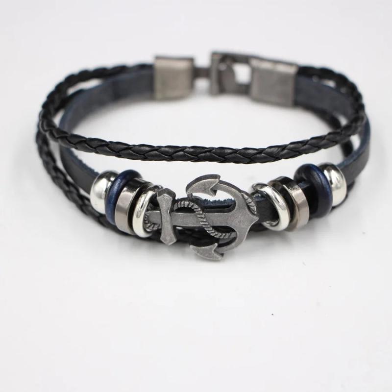 Vintage Punk Layered Hand-Braided Leather Bracelet Charm Anchor Bangle