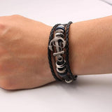 Vintage Punk Layered Hand-Braided Leather Bracelet Charm Anchor Bangle