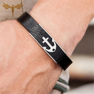 Stainless Steel Anchor Bracelet Leather Wristband Men's Jewelry