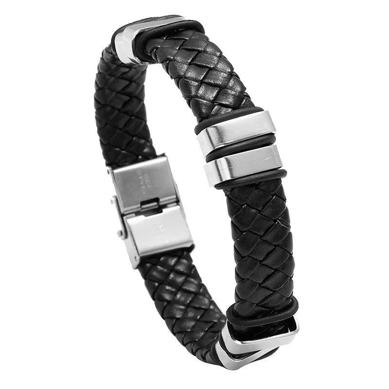 Vintage Leather Braided Bangle Bracelet Retro Stainless Steel Jewelry