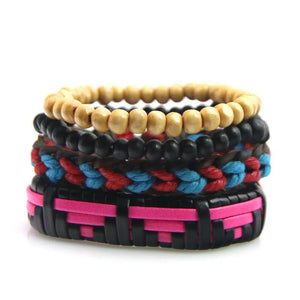 Hippie Punk Red Wood Beads Leather Wrap Bracelet