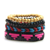 Hippie Punk Red Wood Beads Leather Wrap Bracelet
