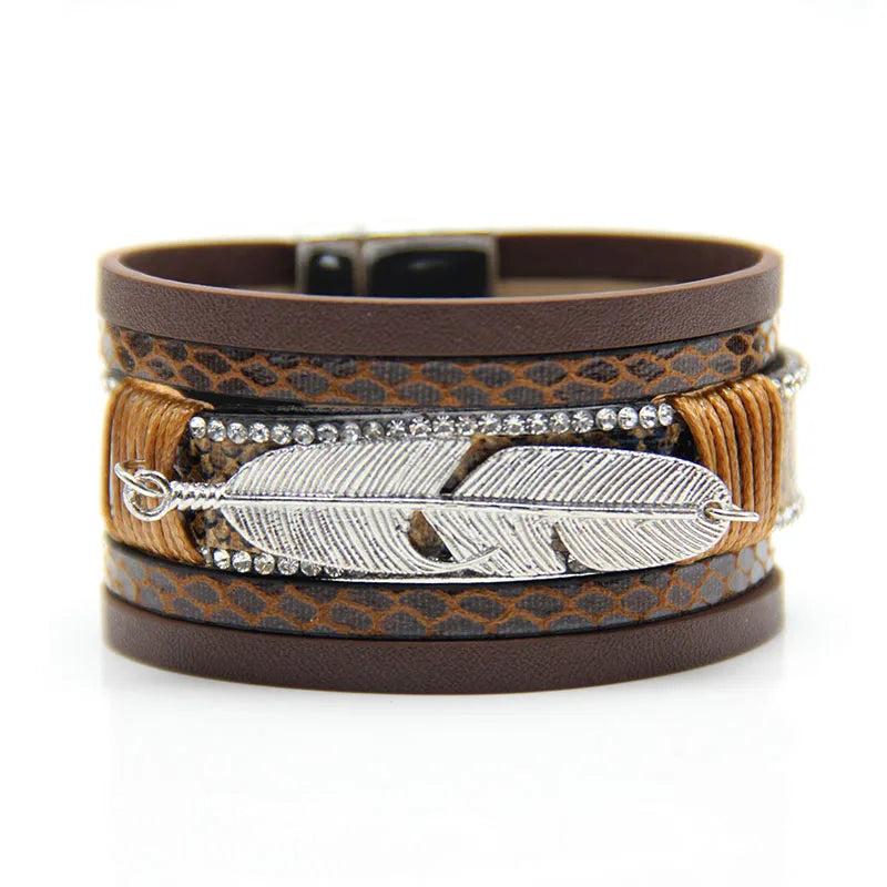 Feather Leaves Wide Magnetic Leather Multilayer Bracelet Bangle