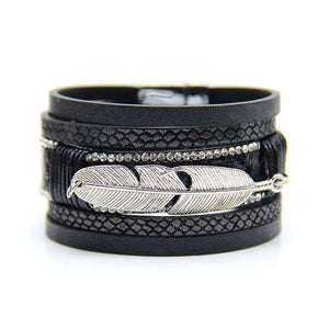 Feather Leaves Wide Magnetic Leather Multilayer Bracelet Bangle