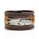 Feather Leaves Wide Magnetic Leather Multilayer Bracelet Bangle