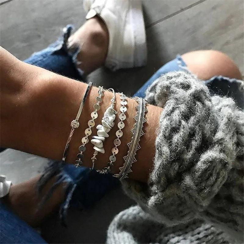 5 pcs Bohemian Geometric Cuff Stone Charm Bracelet Set