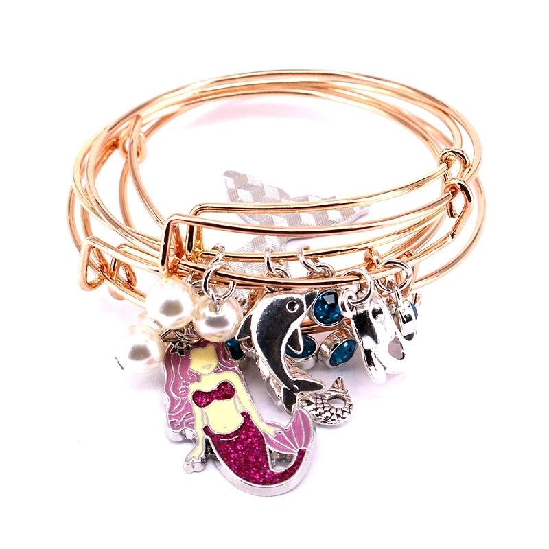 5pcs Bangle Set Wire Bracelets for Women Girls Pearls Mermaid Cuff Jewlery