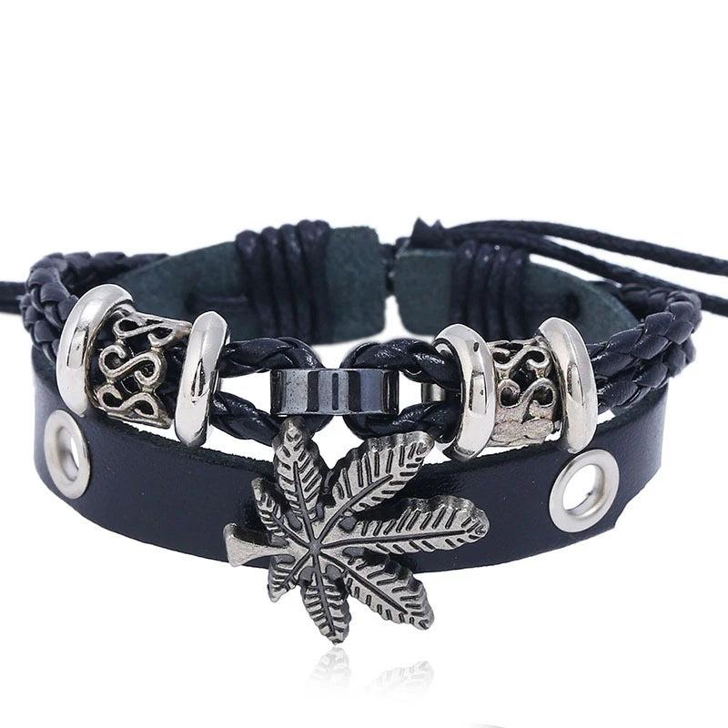 Maple Leaf Bracelet Braided Leather Alloy Charm Bangle