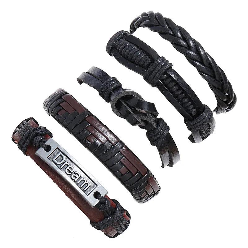 Punk Rock Grunge Stainless Steel Bangle Leather Bracelets Men Women