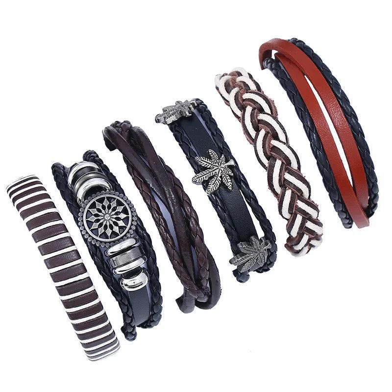 Punk Ethnic Boho Leather Bracelet Multilayer Maple Leaf Beads Charm Bangle
