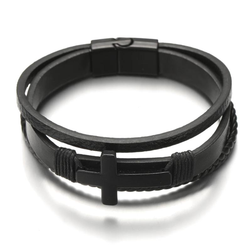 Vintage PU Leather Bracelet Men Cross Cuff Magnet Charm Jewelry Weave Layer