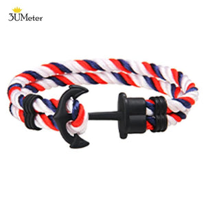 Men Leather Bracelet Survival Rope Chain Anchor Double Strand